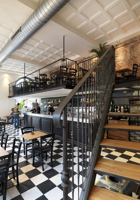 Mezzanine Interior Design, Mezzanine Restaurant, Restaurant Design Inspiration, Home Garden Design, Coffee Shop Design, Italy Design, Restaurant Furniture, Milan Italy, Cafe Restaurant