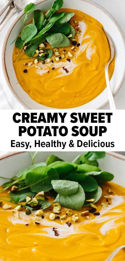 This vegan sweet potato soup recipe is a creamy, rich, and healthy soup that's easy to make right in the blender! The perfect comfort food recipe. #veganrecipe #sweetpotatorecipe #sweetpotato #souprecipe Sweet Potato Soup Healthy, Easy Sweet Potato Soup, Vegan Sweet Potato Soup, Soup Stovetop, Potato Soup Recipes, Sweet Potato Soup Vegan, Sweet Potato Soup Recipes, Easy Sweet Potato, Potato Soup Easy