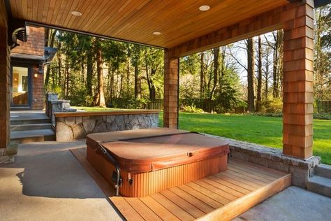 13 Deck Designs with Hot Tubs So Hot They're Cool Hot Tub Under Deck, Hot Tub Deck Design, Wood Deck Designs, Sunken Hot Tub, Under Deck, Tub Enclosures, Hot Tub Deck, Under Decks, Led Recessed Lighting