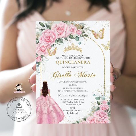 Invitation Quince, Floral White Dress, Xv Ideas, Butterflies Vintage, Birthday Invitations Diy, 16th Birthday Invitations, Invitation Diy, 16 Birthday, Ivory Roses