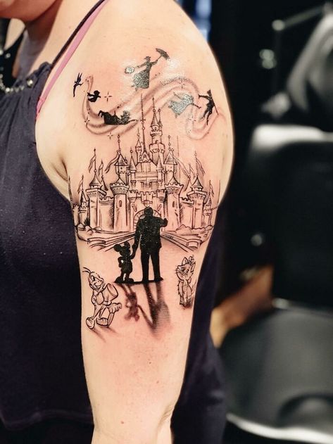 Disney Tattoos For Men, Disney Thigh Tattoo, Disney Castle Tattoo, Disney Inspired Tattoos, Mickey Tattoo, Disney Sleeve Tattoos, Castle Tattoo, Disney Sleeve, Club Tattoo