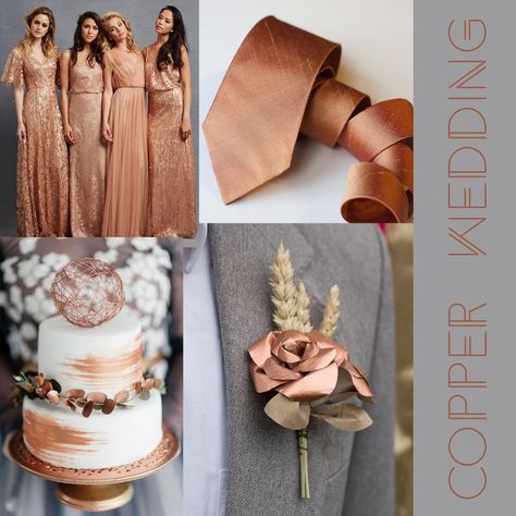 COPPER WEDDING THEME - 2022 Bronze Color Palette Colour Schemes, Gold Tie Groomsmen, Brown Wedding Theme, Kiawah Wedding, Copper Wedding Theme, Copper Wedding Colors, Brown Wedding Themes, Rose Gold Tie, Anemone Wedding