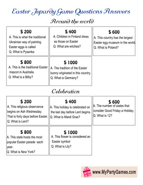 Free Printable Jeopardy-inspired Game for Easter Easter Jeopardy Game, Jeopardy Game Diy, Jeopardy Questions And Answers, Games For Big Groups, Easter Trivia, Jeopardy Questions, Easter Symbols, Jeopardy Game, Activities For Seniors