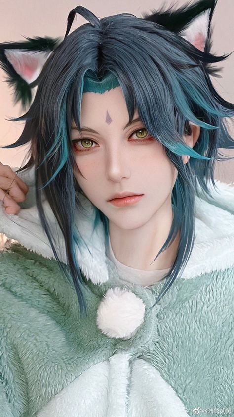 Coser: Lujiuerhei on ig/weibo/twitter Genshin Impact Xiao Cosplay, Xiao Cosplay Makeup, Xiao Genshin Cosplay, Xiao Long Hair, Xiao Makeup, Genshin Impact Makeup, Xiao Wig, Cosplay Wig Tutorial, Xiao Cosplay