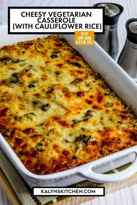 Pinterest image for Cheesy Vegetarian Casserole (with Cauliflower Rice) shown in baking dish. Carbs In Vegetables, Cauliflower Rice Casserole, Broccoli Cauliflower Casserole, Cheesy Rice, Vegetarian Casserole, Frozen Cauliflower Rice, Veggie Casserole, Cauliflower Rice Recipes, Cauliflower Casserole