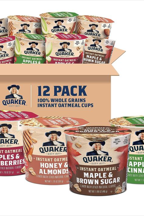 Start your day off right with Quaker Instant Oatmeal Express Cups. This 4 Flavor Variety Pack includes 12 convenient cups of delicious oatmeal. Each cup contains a hearty 1.76 ounces of oats, perfect for a quick and satisfying breakfast on the go. With four mouthwatering flavors to choose from, including Maple Brown Sugar, Apples & Cinnamon, Cinnamon & Spice, and Original, there's something to satisfy every palate. Quaker Instant Oatmeal, Best Freeze Dried Food, Delicious Oatmeal, Shelves Decor, Apples Cinnamon, Maple Brown, Dried Food, Oatmeal Cups, Sugar Apples