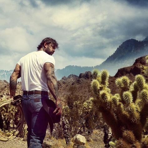 Tattooed Cowboy Aesthetic, Hard Photoshoot Ideas, Country Guy Aesthetic, Man Comforting Woman, Mountain Man Aesthetic, Tattooed Cowboy, Red Head Guy, Vintage Tattoo Men, Country Boy Aesthetic