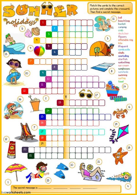 summer vocabulary interactive and downloadable worksheet. You can do the exercises online or download the worksheet as pdf. Summer Vocabulary, Printable Crossword Puzzles, Ela Worksheets, Summer Worksheets, Holiday Worksheets, Crossword Puzzles, Vocabulary Worksheets, Esl Worksheets, Camping Crafts