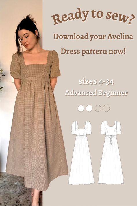 Elevate your style with our Avelina dress sewing pattern, featuring a flattering empire waist and Regency-inspired design, perfect for a modern woman's wardrobe.. #ClothingPatterns #SewingProjects #Fashion Empire Dress Pattern Free, Stasia Dress Sew Liberated, Easy Plus Size Sewing Patterns, Chiffon Sewing Projects, Midi Dress Sewing Pattern Free, Cottage Core Dress Sewing Pattern, Cottage Core Sewing Patterns, Plus Size Dress Patterns Free, Square Neck Dress Pattern