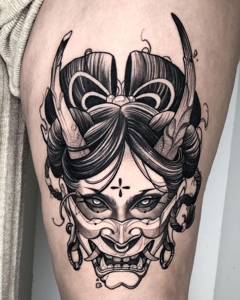 33 Incredible Japanese Tattoo Ideas for Women & Men in 2024 Japanese Demon Tattoo, Japanese Mask Tattoo, Oni Mask Tattoo, Geisha Tattoo Design, Oni Tattoo, Tattoo Japanese Style, Hannya Mask Tattoo, Oni Mask, Mask Tattoo