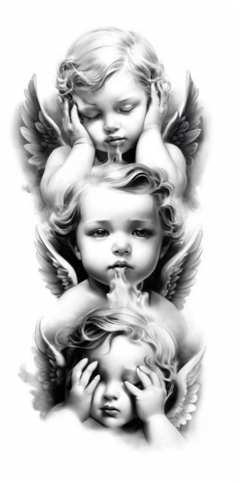 Cherub Tattoo Forearm, Angel Gabriel Tattoo Design, 3 Cherubs Tattoo, Lost Angel Tattoo, Cherub Tattoo Designs For Men, Three Angels Tattoo Design, 3 Angels Tattoo Designs, 3 Angel Tattoo, Prison Tattoos Ideas