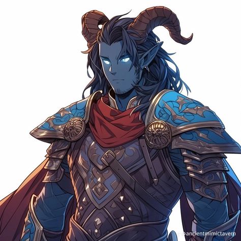 Tiefling Paladin Dnd, Trifling Bard, Male Cleric Dnd, Paladin Dnd Character Design, Tiefling Paladin Male, Male Tiefling Character Design, Tiefling Character Design Male, Blue Tiefling Male, Tiefling Knight