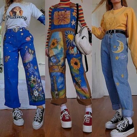 Retro Mom Outfits, Upcycling Ideas Clothes Aesthetic, Artsy Outfits Aesthetic, Sun Aesthetic Outfit, Spacecore Aesthetic Outfit, Arthoe Outfit, Upcycling Clothes Aesthetic, Spacecore Fashion, Dopamine Outfits