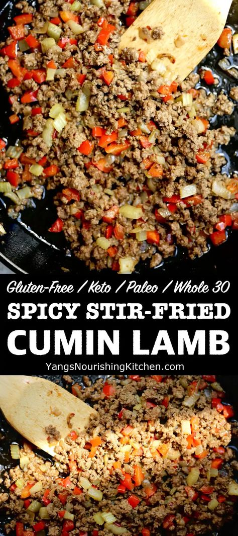 #lamb #keto #glutenfree #whole30 #paleo This spicy cumin lamb is so tasty! The quick stir-fry dish is loaded with vegetables and takes only 15 minutes to make. Lamb Stir Fry Recipes, Lamb Stir Fry, Cumin Recipes, Ground Lamb Recipes, Paleo Diet For Beginners, Cumin Lamb, Quick Stir Fry, Lamb Dishes, Stir Fry Dishes