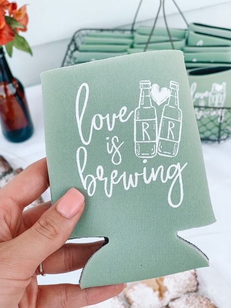 Love is Brewing Couple's Shower | koozie favors Post Wedding Party Decorations, Stock The Bar Koozies, Engagement Party Coozie Ideas, Wedding Shower Koozies, Brews Before I Dos Party, Bridal Shower Koozie Ideas, Couples Shower Favor Ideas, Engagement Koozie Ideas, Stock The Bar Food Ideas