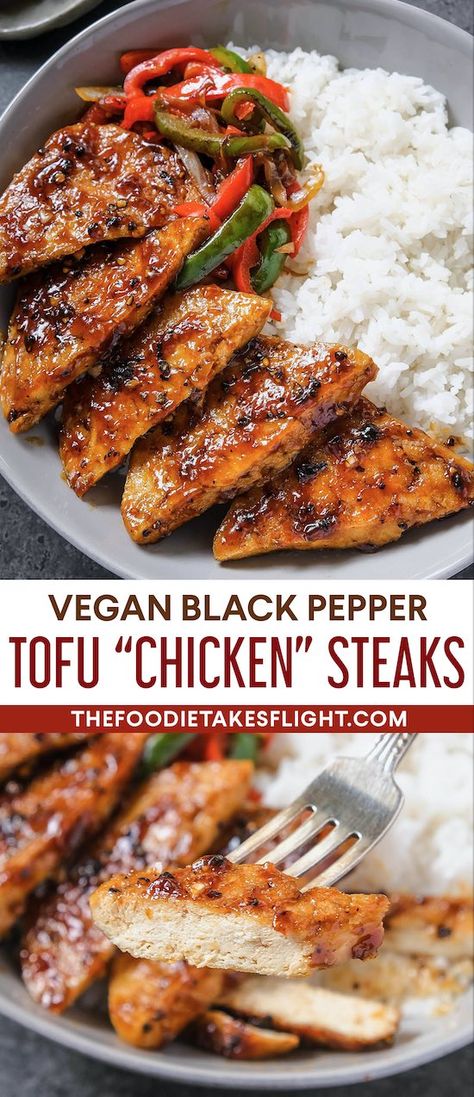 Vegan Black Pepper Tofu "Chicken" Steaks - The Foodie Takes Flight Vegan Tofu Recipes Dinners, Vegan For Meat Lovers, Easy Vegan Tofu Dinner, Tofu Chicken Marinade, Vegan Grilled Chicken, Tofu Steaks Recipe, Vegetarian Chicken Recipes, Blackstone Tofu, Wfpb Tofu Recipes