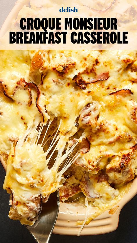 Savoury French Toast Bake, Croque Monsieur Recipe Casserole, Best Brunch Casserole Recipes, Fancy Breakfast Casserole, Croque Monsieur Breakfast Casserole, Sweet And Savory Breakfast Casserole, Savory French Toast Casserole, Breakfast French Toast Casserole, Savory Breakfast Casserole