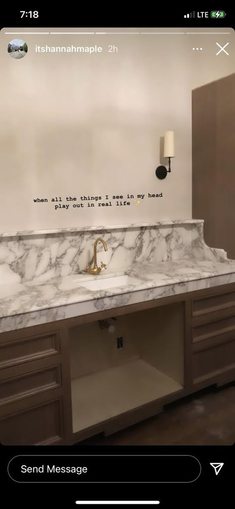 Bathroom Marble Backsplash, Bold Bathroom Countertops, Bathroom Vanity Stone Backsplash, Marble Vanity Backsplash Ideas, Thick Quartz Countertops Bathroom, Vanity Backsplash With Ledge, House Details Interior, Anzio Marble Laminate, Primary Bath Inspiration