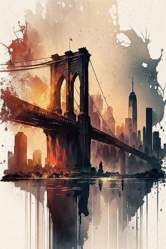 size: 18x12in Art Print: Brooklyn Bridge New York by Lana Kristiansen : Bridge Painting, Bridge Art, New York Art, Cool Landscapes, Dreamy Art, Water Painting, Art Drawings Sketches Simple, Scenery Wallpaper, Brooklyn Bridge