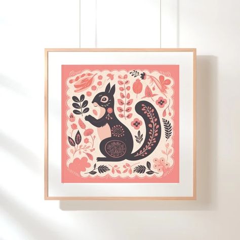 TwoPoodlePress - Etsy Folk Art Squirrel, Staircase Art Wall, Fall Folk Art, Cottagecore Posters, Eclectic Office, Staircase Art, Squirrel Decor, Pink Squirrel, Vintage Squirrel