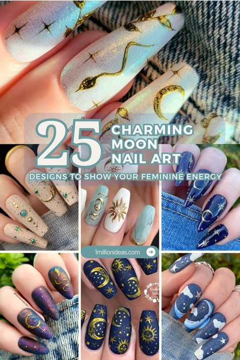 A collection of 25 charming moon nail art designs that gracefully showcase your feminine energy with celestial motifs. Zodiac Nail Designs, Moon Nail Art, Star Nail Designs, Feminine Symbols, Acrylic Nails At Home, Star Nail Art, Moon Nails, Latest Nail Art, Gel Nail Design