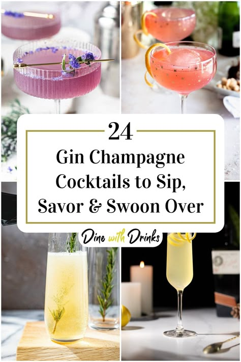 Collage of 4 gin champagne cocktails. Brut Champagne Cocktails, Champagne Based Cocktails, Champagne Spritzer Cocktails, Sambuca Cocktails, Gin Champagne Cocktail, Vodka Champagne Cocktail, Cocktails With Champagne, Gin Prosecco Cocktail, Cocktail With Champagne