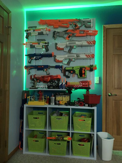 Lego And Nerf Storage, Gaming Room Kids Boys, Videogame Room Ideas, Room Ideas For 10 Year Boy, 6 Year Boy Bedroom Ideas, Boys Room 8-10, Bedroom Ideas For 10 Year Boy, Boys Bedroom Toy Storage Ideas, 6 Year Boy Room Ideas