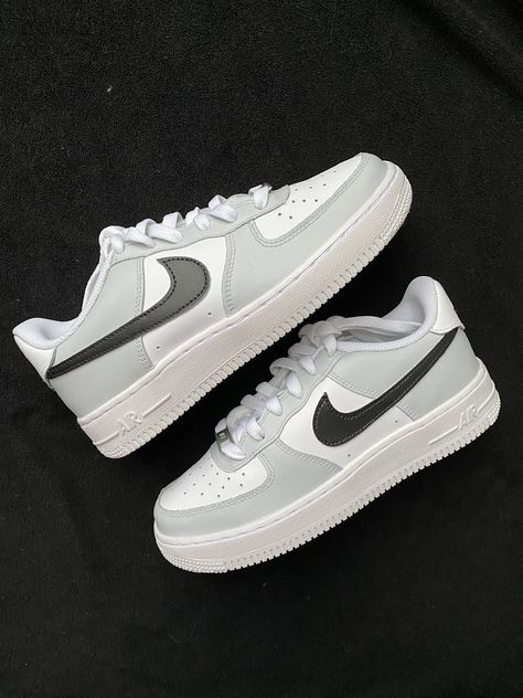 Nike Custom Gray Sneakers For Streetwear, Gray Custom Sneakers For Streetwear, Painted Air Force 1 Black And White, Nike Air Force Grey, Custom Air Force 1 Grey And Black, Customized White Air Forces, Shoes For Guys, Nike Sneakers Outfit, Cute Shoe