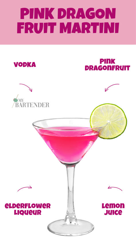 Pink Dragon Fruit Martini Martini Variations, Fruit Martini, Elderflower Cocktail, Vodka Cocktails Easy, Bartender Drinks Recipes, Note Making, Pink Dragon Fruit, Summer Vodka Cocktails, Bartender Drinks