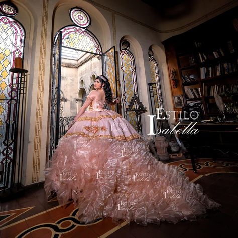 Off the Shoulder Charro Quinceanera Dress - Rose Gold Color - Most new quinceanera dress - Los mejores vestidos de quinceaños en Houston TX Pink Charro Quince Dress, Pink Charro Dress, Pink Charro Quinceanera Dresses, Quinceanera Charro, Rose Gold Quinceanera Dresses, Sweet Sixteen Party Themes, Charro Dress, Charro Theme, Quince Planning