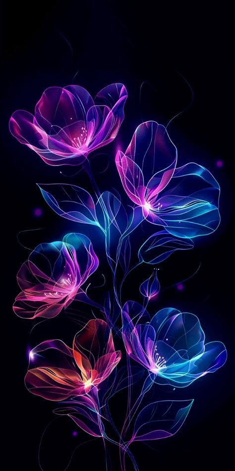 Wallpaper Backgrounds Glow, Glow In The Dark Wallpaper Iphone, Glow In The Dark Wallpaper, Glowing Flowers Aesthetic, Glowing Flowers Art, Glowing Flowers Wallpaper, Purple Flower Black Background, Pink Flowers Wallpaper, Purple Flowers Wallpaper