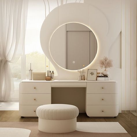 Off White Room Aesthetic, Make Up Vanity Set Up, Vanity Set Up Ideas, Bedroom With Vanity, White Bedroom Furniture Sets, Vanity Closet Ideas, Vanity Ideas Bedroom, Makeup Vanity Ideas, Vanity Collections