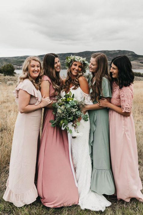 Mismatched Bridesmaid Dresses in Blush, Sage, Dusty Rose, and white. | different bridesmaid dresses mix match spring | different bridesmaid dresses shades neautral Bridesmaids Dresses Not Matching, Dusty Rose Mismatched Bridesmaids, Pink Green Bridesmaid Dresses, Mix Match Bridesmaid Dresses Summer, Green And Purple Bridesmaid Dresses, Different Colour Bridesmaid Dresses, Non Matching Bridesmaid Dresses, Spring Bridesmaids Dresses, Bridesmaid Dresses Mismatched Purple