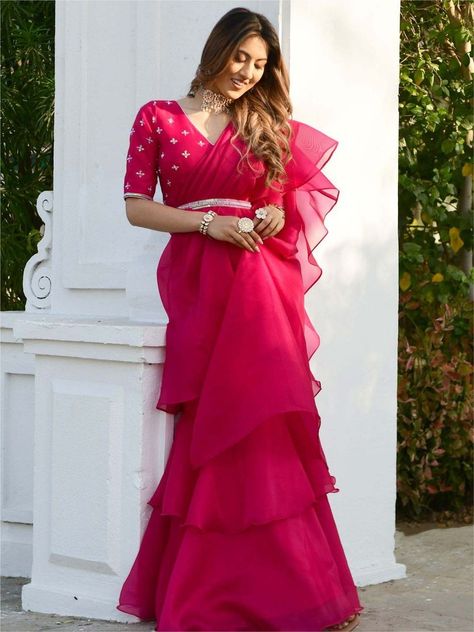 Ruffle Saree Designs, Saree Ruffle, Cousin Wedding, Frock Designs For Women, Western Frocks, Sari For Women, Farewell Sarees, Indian Dresses For Women, Basant Panchami