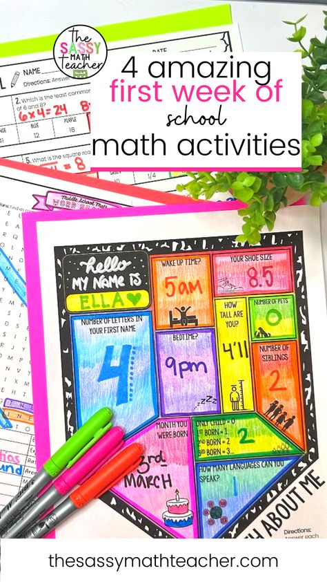 first-week-math-activities First Day Of School Math Activities 1st, First Day Middle School Activities Math, 6th Grade Math Projects Middle School, First Day Math Activities Middle School, First Day Of School Activities 4th Grade Math, Math First Day Of School Activity, Math About Me Middle School, Get To Know You Math Activities, Back To School Math Activities 3rd Grade