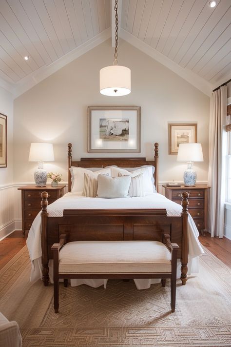 56 Simple and Modern English Country Cottage Bedroom Ideas - Quiet Minimal Guest Bedroom With Sitting Area, Clean Traditional Bedroom, Ivory Guest Bedroom Ideas, Master Bedrooms Decor Cozy White Walls, Classic Master Bedrooms Decor Luxury, Bedroom Inspirations Master Antique, Midwestern Bedroom, Boston Bedroom Aesthetic, English Guest Bedroom