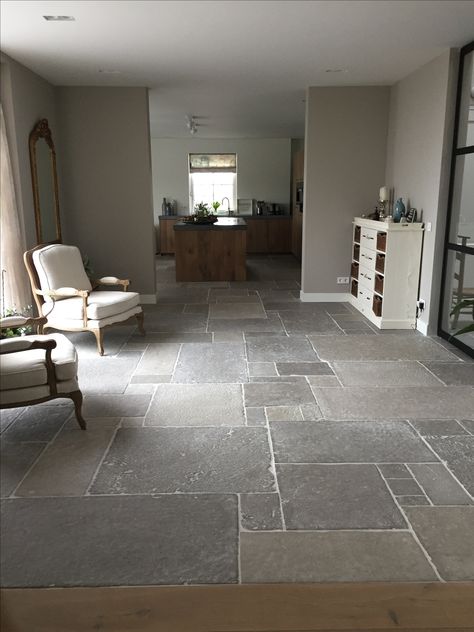 Hardwood To Tile Transition, Basalt Flooring, Stone Tile Flooring, Hall Flooring, Living Room Built Ins, Country Kitchen Designs, Mudroom Design, Floor Tile Design, Porch Flooring