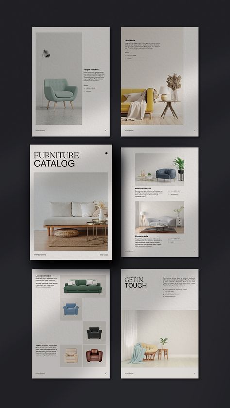 Free eye-catching and professional Canva product catalog templates. Product Brochure Design Inspiration, Product Catalog Design Inspiration, Home Catalog Design, Product Catalogue Design Ideas, Facts Design Layout, Minimalist Document Design, Furniture Magazine Layout, Catalog Design Layout Products, Furniture Magazine Cover