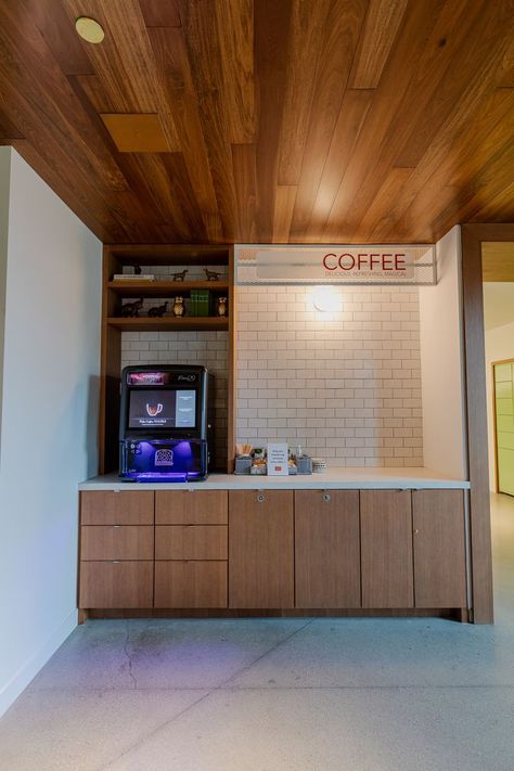 Coffee station for luxury apartments in San Diego. Waiting Area Coffee Bar, Office Reception Coffee Station, Coffee Station At Work, Coffee Station Office Design, Waiting Room Coffee Station, Workplace Coffee Station, Lobby Coffee Station, Office Hospitality Station, Corporate Coffee Station