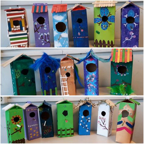 Milk Carton Crafts, Nature Crafts Kids, Bird Feeder Craft, Birdhouse Craft, Sculpture Lessons, Homemade Bird Feeders, Recycled Art Projects, Diy Bird Feeder, Preschool Arts And Crafts