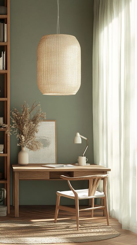 Discover the perfect balance of modern minimalism and organic elegance in this serene study room! Featuring a sustainable wooden desk, calming sage green walls, and warm, inviting lighting—it's a workspace that inspires creativity. #SereneStudy #ModernMinimalism #OrganicElegance #midjourney Organic Office Design, Study Room Modern, Work Home Office, Modern Study, Handmade Lampshades, Sage Green Walls, Unique Mirrors, Statement Lighting, Green Walls