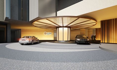 Grand design : car pickup/drop off point Drop Off Point Architecture, Drop Off Point Design Architecture, Car Drop Off Design Architecture, Entrance Lobby Design Residential, Lobby Design Residential, Entrance Lobby Design, Canopy Lighting, Entry Design, Cellar Design