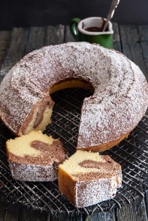 Easy Italian Marble Cake - An Italian in my Kitchen Healthy Marble Cake Recipe, Italian Pound Cake Recipes, Marble Bundt Cake Recipes Easy, Easy Cakes To Make Homemade Simple, Italian Cakes Traditional, Homemade Marble Cake Recipe, Simple Chocolate Glaze, Easy Marble Cake Recipe, Marble Bundt Cake Recipe