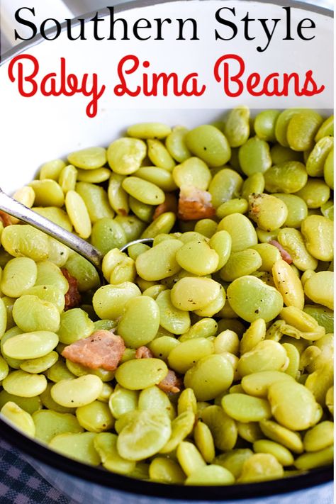 Southern Style Baby Lima Beans are cooked low and slow with bacon and seasoned to perfection. This country delicacy is melt in your mouth deliciousness! #LimaBeans #ButterBeans #SouthernStyleLimaBeans #BabyLimas #Limas How To Cook Fresh Butter Beans, Crock Pot Lima Beans Slow Cooker, Crock Pot Lima Beans, Green Lima Beans, Seasoned Beans, Butterbean Recipes, Country Vegetables, Lima Beans Recipe, Country Meals