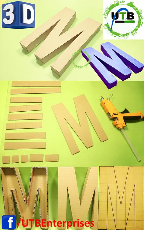 How To Make Cardboard Letters, How To Make Letters Out Of Cardboard, Diy Cardboard Letters, 3d Letters Tutorial, Bird Paper Craft, Box Kado, Dinosaur Birthday Theme, Letter Lights, How To Make Letters