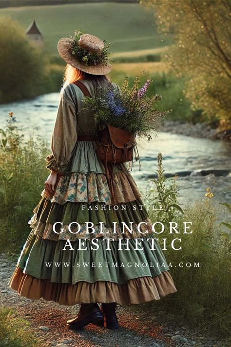 Learn all about Goblincore fashion and how to build your perfect enchanted wardrobe in this video. Uncover the secrets of creating a whimsical and magical style that is uniquely you! Hobbit Outfit Aesthetic, Whimsical Wardrobe, Fancy Goblincore Outfits, Cottage Core Clothing Aesthetic, Fall Cottage Core Outfits, Gnome Core Fashion, Cottage Witch Outfit, Cottage Witch Aesthetic Fashion, Forest Witch Aesthetic Fashion