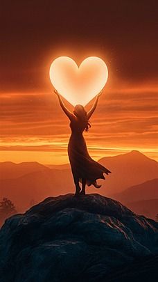 a silhouette of woman standing on top rock holding heart during sunset mobile wallpaper Background Woman Holding Heart, Meditation Background, Happy Valentines Day Love, Silhouette Of Woman, Love Background, Heart Opening, Holding Heart, Logo Cloud, Father Images