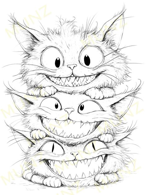 Featuring a stack of mischievous cats with wide grins Cats Smiling, Elf Cat, Cat Coloring Pages, Cat Coloring Page, Cat Themed, Etsy Printable Art, Cat Tower, Quirky Design, Cat Colors