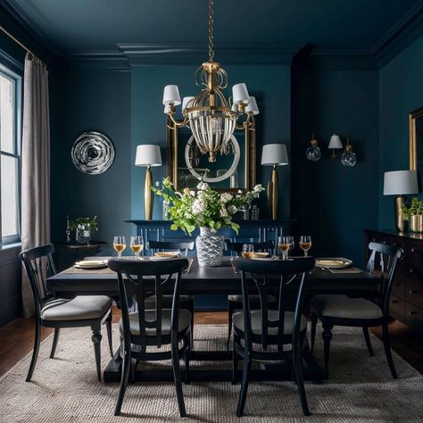 13 Stunning Dining Room Layout Ideas You Need to Try 6 Teal Blue Dining Room, Green And Navy Dining Room, Dark Blue Dining Room Ideas, Teal Dining Rooms, Moody Dining Room Ideas, Dining Room Layout Ideas, Blue Dining Room Ideas, Teal Dining Room, Dark Blue Dining Room