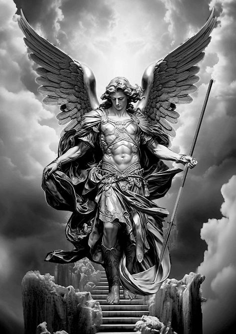 St Michael Back Tattoo, Male Angel Tattoo Designs, St Michael Tattoo Stencil, Angel Leg Tattoo Men, Arhangel Mihail Tattoo, San Michele Arcangelo Tattoo, Arcangel Michael Tattoo, Michael Archangel Art, Angel Protection Tattoo